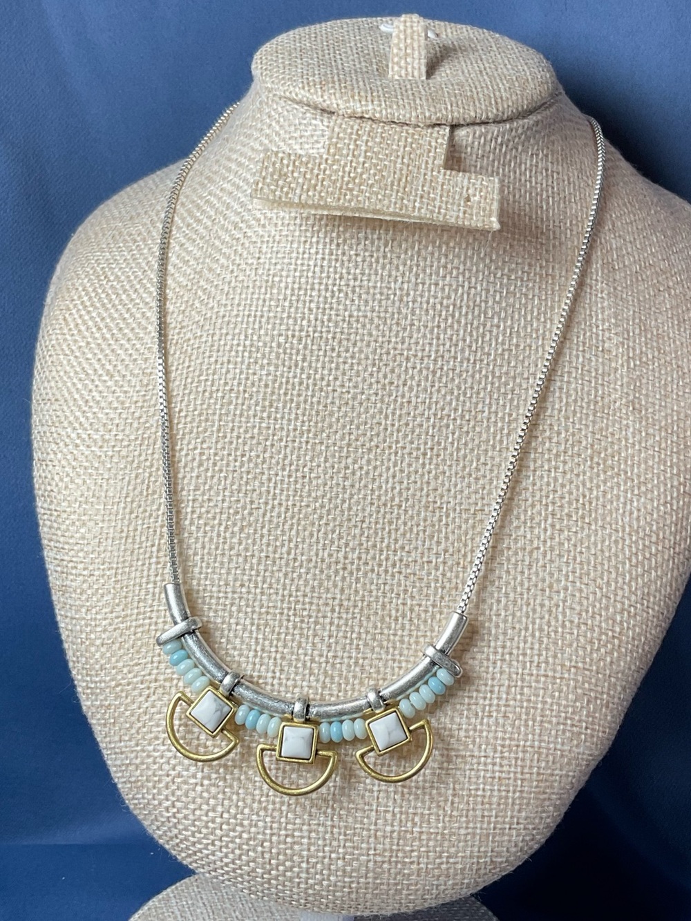 Stella & Dot Silver and Light Blue Beaded Geometric Pendant mixed metal boho